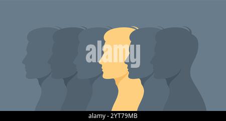 Silhouettes grises côté hommes avec une jaune parmi eux. Illustration vectorielle dans un style plat Illustration de Vecteur