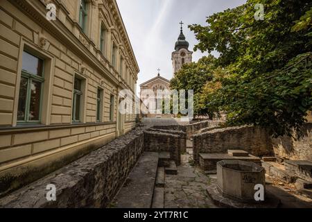 Belle ville et rue photographiée avec l’église de Saint Francis. Centre-ville historique de jour. Météo estivale dans la ville de cinq églises, Pecs, Hongrie Banque D'Images