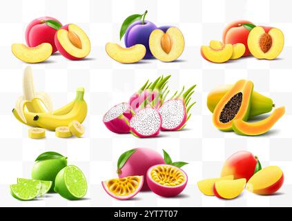 Ensemble de fruits exotiques banane, mangue, pêche, fruit de la passion, papaye, prune, citron vert, fruit du dragon et fruit de la passion isolés sur fond blanc. Entier et p. Illustration de Vecteur