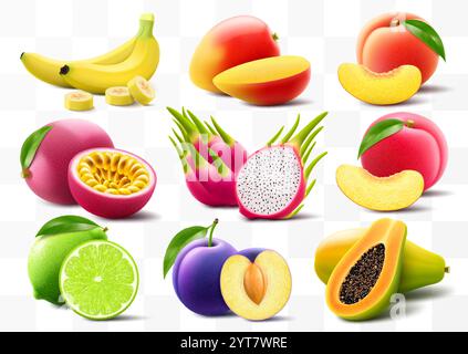 Ensemble de fruits exotiques banane, mangue, pêche, fruit de la passion, papaye, prune, citron vert, fruit du dragon et fruit de la passion isolés sur fond blanc. Entier et p. Illustration de Vecteur