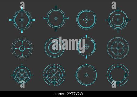 Cible optique de pointeur de visée HUD, indicateurs de plage de mise au point futuriste, viseur de collimateur à réticule laser. Sniper de mesure pour pistolet de sniper. Elément d'interface utilisateur de conception d'interface de jeu. Illustration vectorielle Illustration de Vecteur