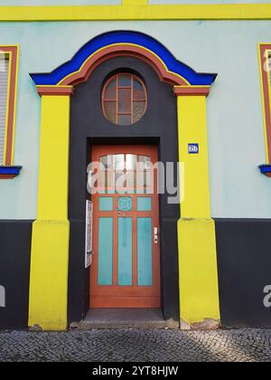 Entrée colorée à Otto-Richter-Straße n° 6 à Magdebourg à partir de 1922. Ce domaine coopératif a été construit de 1904 à 1916 selon les principes de Neues Bauen. Lorsque Bruno Taut a été nommé directeur de l'urbanisme de Magdebourg en 1921, il a immédiatement mis en œuvre son concept de « ville colorée - la couleur est joie de vivre ». Otto-Richter-Straße a été conçu en 1922/1923 selon les dessins de Carl Krayl. Les façades colorées ont été fidèlement restaurées. Banque D'Images