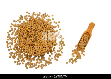 Un bol en osier rempli de lentilles vertes, accompagné d’une cuillère en bois, entouré de grains de lentilles vertes. Banque D'Images