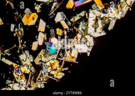 Cliché microscopique montrant des microcristaux colorés en lumière polarisée Banque D'Images