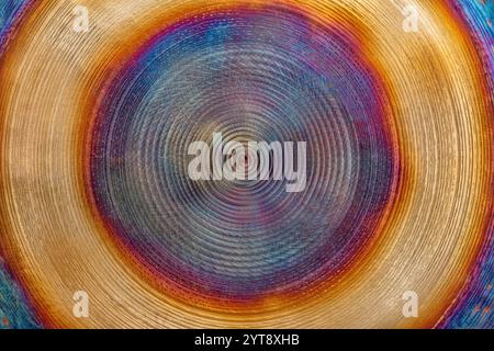 Gros plan abstrait plein format d'un gong asiatique métallique coloré Banque D'Images