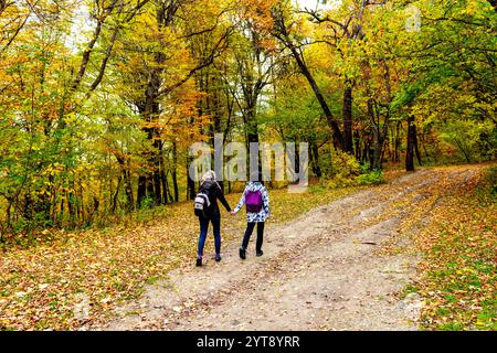 Deux touristes marchent le long d'une route dans une forêt d'automne Banque D'Images