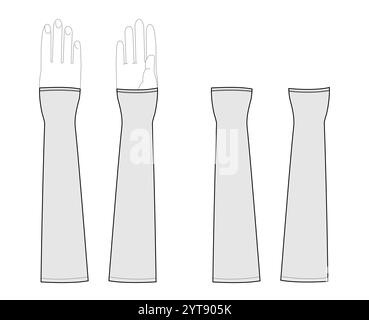 Gantelets gants longueur coude accessoire main mode vêtements illustration technique vêtement. Vue arrière de paume avant de vecteur pour hommes, femmes, modèle plat de modèle unisexe CAD maquette contour d'esquisse sur blanc Illustration de Vecteur