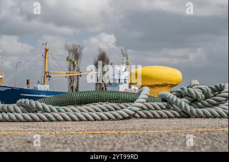 Corde sur la borne en acier jaune Banque D'Images