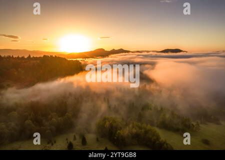 Vue aérienne d'un paysage montagneux enveloppé dans le brouillard matinal pendant l'heure dorée. Banque D'Images