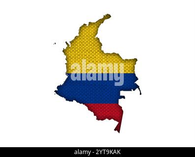 La carte et drapeau de la Colombie au vieux linge de maison Banque D'Images