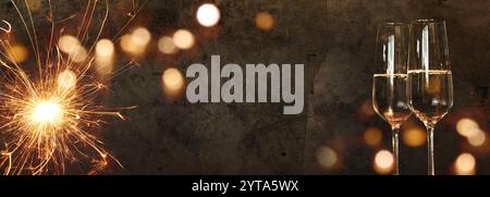 Nouvel an avec champagne et étincelant brûlant devant un vieux mur de béton avec bokeh doré pour un fond festif Banque D'Images
