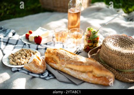 Pique-nique d'été sur couverture avec de la nourriture délicieuse et une bouteille de vin rose. Gros plan avec une faible profondeur de champ. Banque D'Images