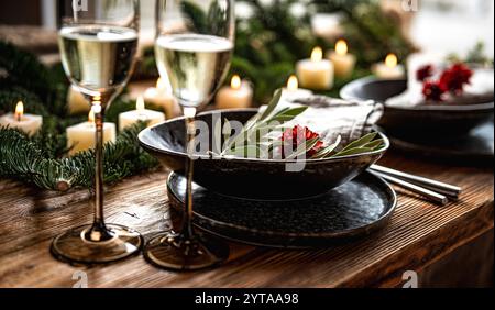 Décoration de table festive pour noël et nouvel an avec des verres à champagne et des bougies sur une table en bois avec des branches de sapin. Fond pour style de vie et invitation. Banque D'Images