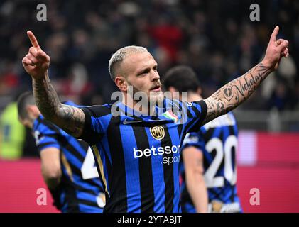 Milan, Italie. 6 décembre 2024. Federico Dimarco de l'Inter Milan célèbre son but lors d'un match de Serie A entre l'Inter Milan et Parme à Milan, Italie, 6 décembre 2024. Crédit : Alberto Lingria/Xinhua/Alamy Live News Banque D'Images