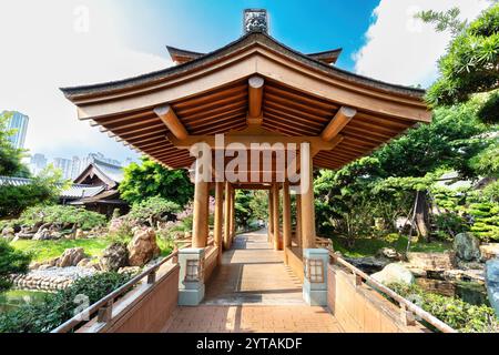 Pont couvert en bois dans le jardin de Nan Lian, Hong Kong. Construit dans le style traditionnel chinois, la passerelle a le jardin vert de chaque côté. Banque D'Images