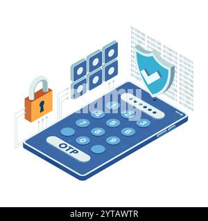 Smartphone isométrique avec sécurité OTP et cryptage numérique. Concept de sécurité par mot de passe à usage unique OTP Illustration de Vecteur