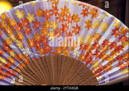 Un motif de multiples fans japonais pliants colorés, ou «sensu» vu dans une vitrine de magasin à Arashiyama, Kyoto, Japon. Banque D'Images