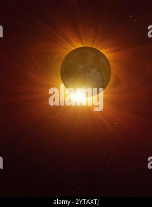 Illustration de l'atmosphère du Soleil, rendue visible lors d'une éclipse solaire totale. L'atmosphère du Soleil se compose de la chromosphère et d'une couronne beaucoup plus ténue et significativement plus chaude (qui signifie « couronne »). Ni l'un ni l'autre n'est directement visible de la Terre à cause de l'éblouissement extrême du Soleil. Mais lors d'une éclipse totale, le disque écrasant du Soleil est caché, révélant son atmosphère dans toute sa splendeur. Banque D'Images