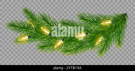 Branche de sapin avec lumières de Noël festives sur fond transparent. Pour les vacances d'hiver Noël, cartes de nouvel an, bannières, affiches de fête Illustration de Vecteur