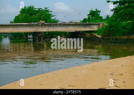 Les mouettes volent bas dans un groupe près du pont de plage de Balikpapan Banque D'Images