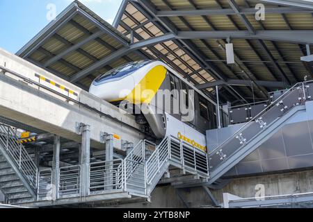 Le train monorail arrive à une station intermédiaire de passagers sur une station de minibus construite sur des supports de pont au sommet. Banque D'Images