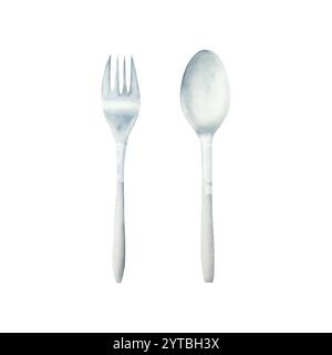 Fourchette et cuillère en plastique. Illustration dessinée à la main à l'aquarelle isolée sur fond. Pour la cuisine restaurant et table mis en place. préoccupation pour le plastique Banque D'Images
