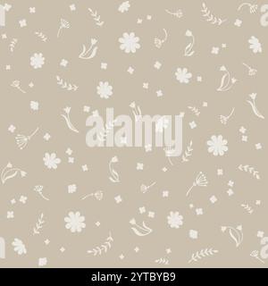 Motif floral minimaliste avec fond vert pastel et délicats éléments floraux blancs. Illustration de Vecteur