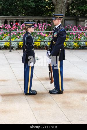 Cimetière national d'Arlington, garde d'honneur sur la tombe du soldat inconnu, cérémonie de relève de la garde. Arlington, Virginie, États-Unis. Banque D'Images