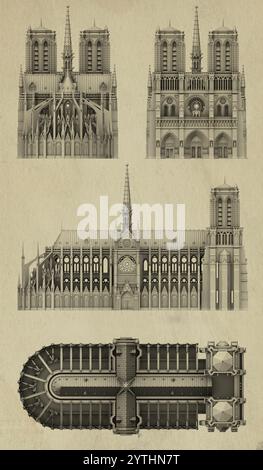 Vues planimétriques de la cathédrale notre-Dame de Paris. Vues de face, de côté, de dos et de dessus, reconstruction de l'église après l'incendie du toit. rendu 3d. Banque D'Images