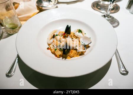 Un plat de risotto de fruits de mer garni de crevettes, moules, palourdes et calmars, garni de persil, servi sur une assiette blanche avec une texture crémeuse et vibran Banque D'Images