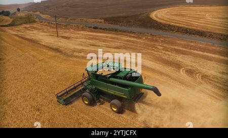 JUILLET 2024, PALOUSE, WASHINGTON - récolte de blé avec des moissonneuses-batteuses dans la région de Palouse dans l'État de Washington Banque D'Images