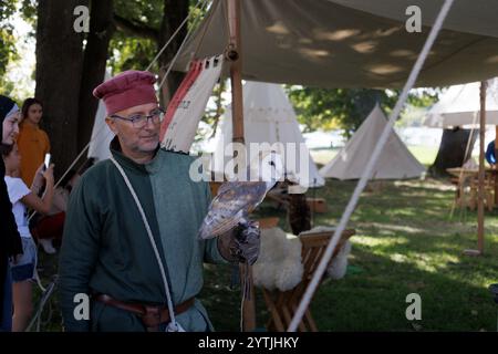 Mantova, Italie - 15 septembre 2024 : un fauconnier en costume médiéval tient doucement un hibou blanc de grange lors d'une reconstitution historique en plein air. Banque D'Images