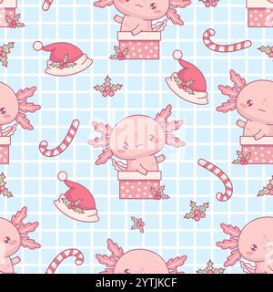 Motif sans couture de Noël avec le Père Noël axolotl mignon dans la boîte-cadeau sur fond à carreaux bleu. Nouvel an drôle petit dessin animé rose personnage kawaii backd Illustration de Vecteur