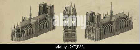 Vues planimétriques de la cathédrale notre-Dame de Paris. Vues de face, de côté, de dos et de dessus, reconstruction de l'église après l'incendie du toit. rendu 3d. Banque D'Images