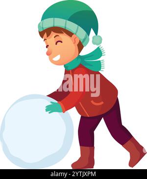 Enfant souriant portant des vêtements d'hiver, y compris une veste rouge, un chapeau vert et une écharpe, et des gants sarcelle roulent une boule de neige géante pour construire un bonhomme de neige Illustration de Vecteur