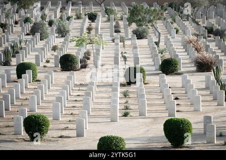 Une vue solennelle du cimetière de guerre d'El Alamein, avec des pierres tombales bien alignées entourées de plantes du désert, commémorant les soldats britanniques de la seconde Guerre mondiale. Banque D'Images