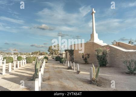 Le cimetière de guerre d'El Alamein, en Égypte, honore les soldats de la seconde Guerre mondiale, présente des tombes blanches, un cadre désertique serein et la Croix du sacrifice. Banque D'Images