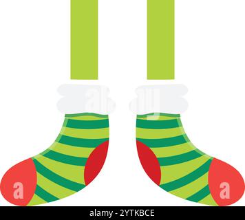 Chaussettes de noël rayées vertes et rouges suspendues avec des poignets blancs confortables, attendant avec impatience les moments joyeux d'être rempli de cadeaux de fête et Illustration de Vecteur