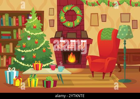 Salon de noël confortable avec une cheminée chaude, des cadeaux magnifiquement emballés, un arbre décoré, un fauteuil accueillant et des boissons chaudes fumantes Illustration de Vecteur