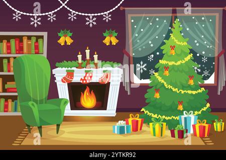 Scène de salon intérieur de noël confortable avec un arbre de noël décoré, cheminée avec bas, cadeaux, fauteuil, étagère et neige Illustration de Vecteur