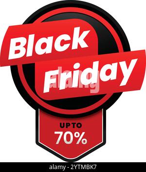 Badge rond du vendredi noir orné de rubans rouges éclatants, mettant en évidence des réductions allant jusqu'à soixante-dix pour cent. Idéal pour promouvoir les ventes saisonnières et Illustration de Vecteur