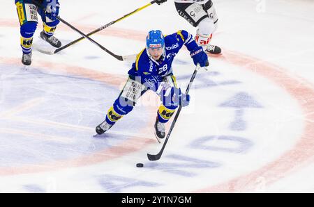 Kloten, Suisse, 2 novembre 2024 : #28 Axel Simic, attaquant EHC Kloten avec le palet. (Photo Andreas Haas/dieBildmanufaktur) Banque D'Images