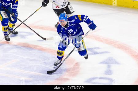 Kloten, Suisse, 2 novembre 2024 : #28 Axel Simic, attaquant EHC Kloten avec le palet. (Photo Andreas Haas/dieBildmanufaktur) Banque D'Images