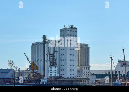 Savone, Italie - 07 décembre 2024 : L'usine de ciment Colacem du port de Savone présente des silos et des grues de premier plan présentant une infrastructure industrielle Banque D'Images