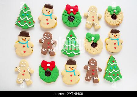 Gâteaux de Noël en pain d'épices en forme de bonhomme de neige, sapin, bonhomme de neige et couronne, tous colorés en rouge, vert et blanc Banque D'Images