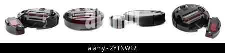Aspirateur robotisé moderne isolé sur blanc, collage Banque D'Images