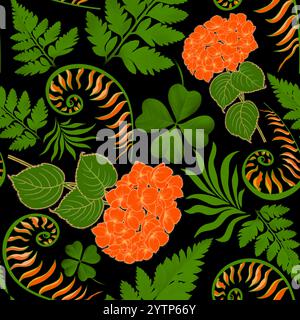 Petites fleurs oranges et feuilles, trèfle. Imprimé petites fleurs. Fond de motif répétitif sans couture floral. Modèle élégant pour impressions de mode. Modèle de brut Banque D'Images