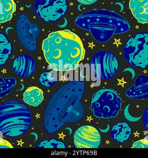 Motif sans couture enfantin avec des éléments spatiaux dessinés à la main espace, vaisseau spatial, extraterrestre, astéroïde, planète. Fond d'enfants à la mode. Banque D'Images