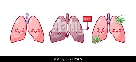 Poumons. Ensemble de personnages dans des personnages de dessins animés mignons dans le style kawaii. En bonne santé, organe fumeur, maladie virale, système respiratoire. Illustration vectorielle, Illustration de Vecteur