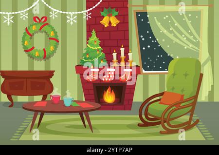 Feu chaud crépitant dans une cheminée, fauteuil à bascule invitant, sapin de noël décoré et tasses à vapeur créent une atmosphère de vacances confortable dans un cadre festif Illustration de Vecteur
